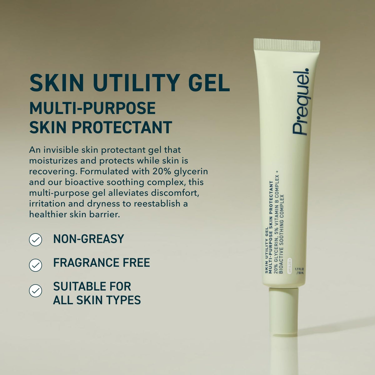 Prequel texture close-up revealing lightweight gel consistency and fast absorption benefit