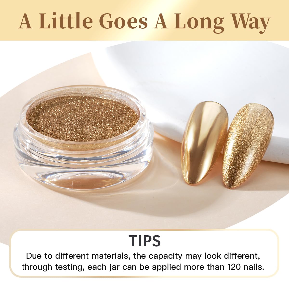 Pretty Diva chrome powder applied on nail tip demonstrating mirror-like gold effect