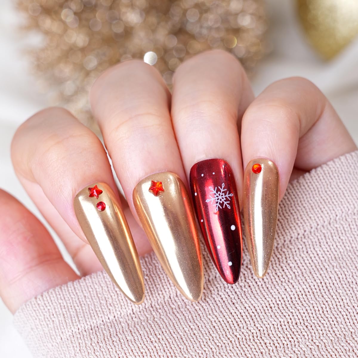Pretty Diva hand model with champagne gold nails showcasing glam lifestyle result