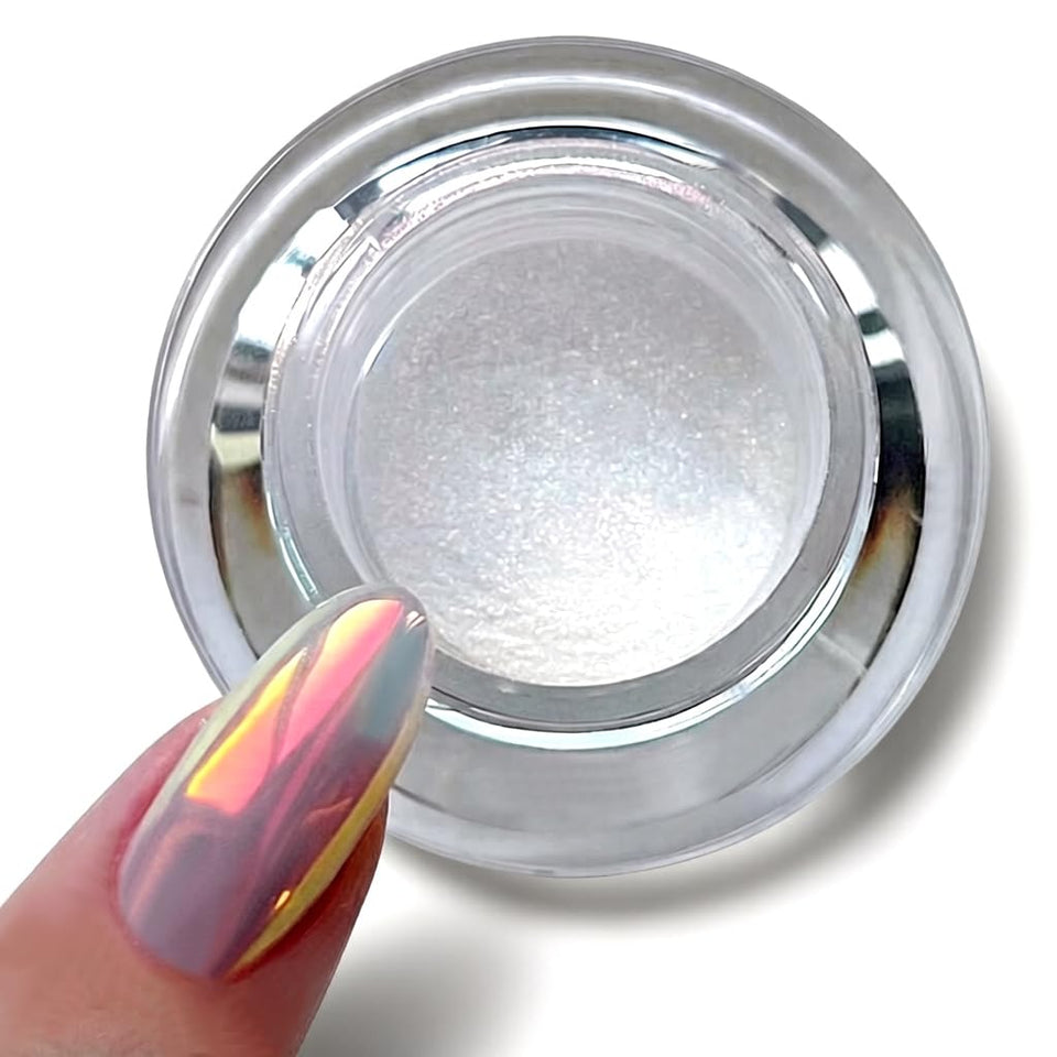 Pretty Diva jar front view showing Sunset chrome powder and glossy finish benefit