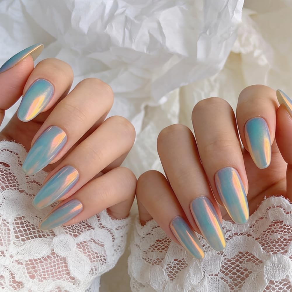 Pretty Diva nail before and after showing dramatic iridescent chrome benefit