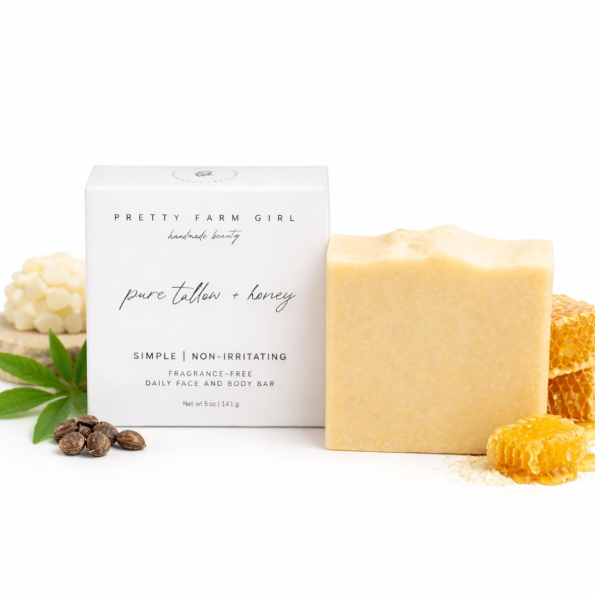 Pretty farm girl front packaging showing unscented bar and eco packaging benefit