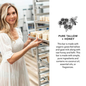 Pretty farm girl lather in hand demonstrating gentle cleansing and soft skin