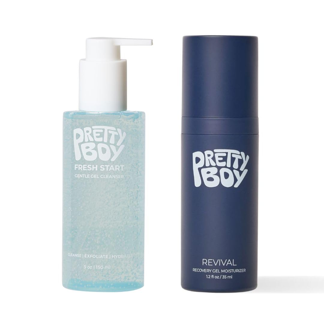 Prettyboy front packaging bundle showing both cleanser and gel moisturizer with clean design for easy identification