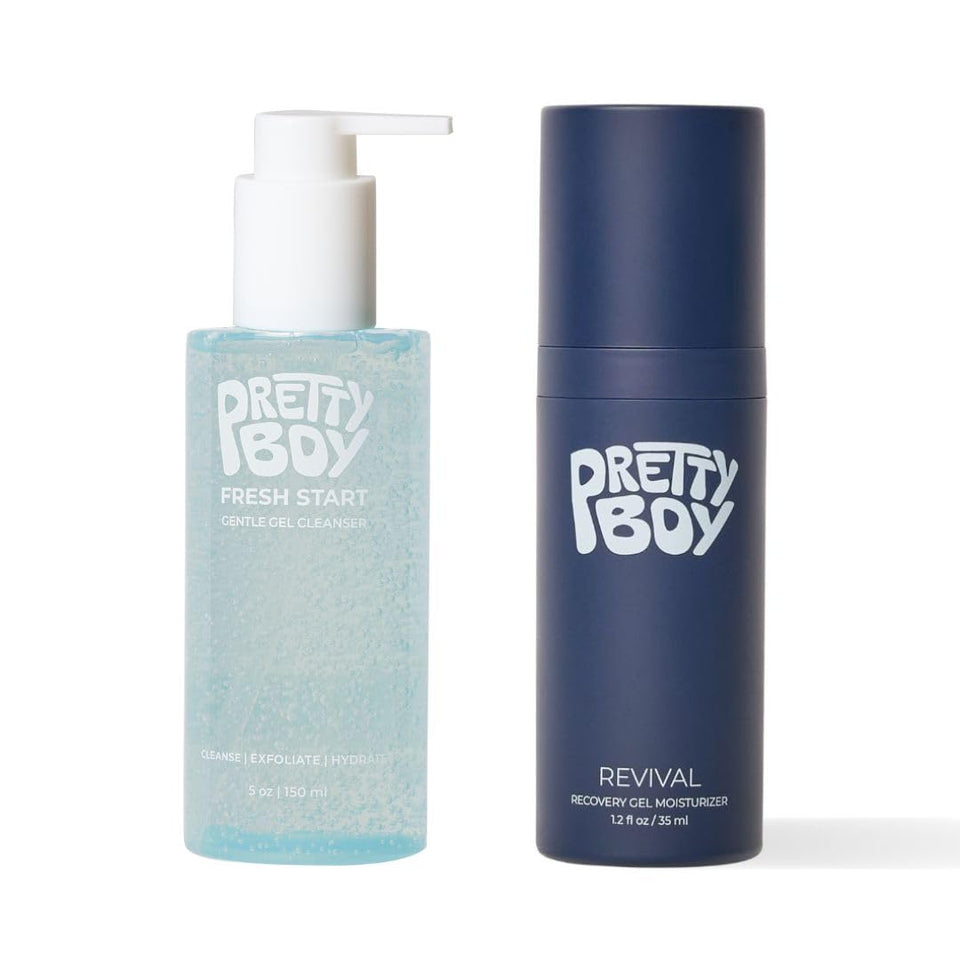 Prettyboy front packaging bundle showing both cleanser and gel moisturizer with clean design for easy identification