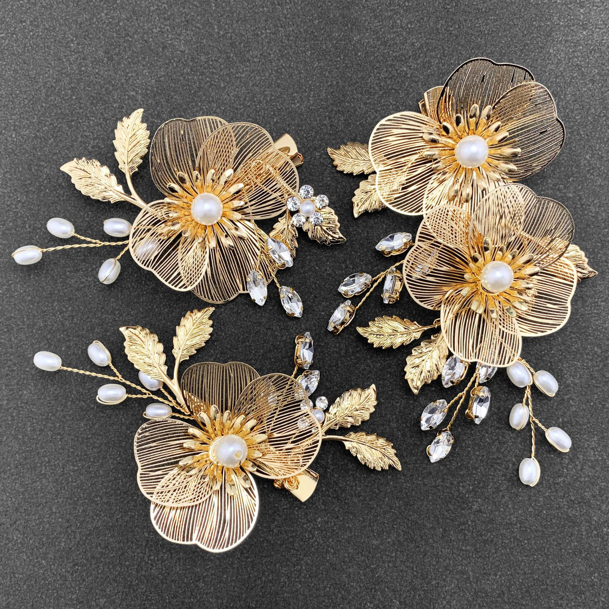 PRETTYLIFE front view of three gold floral clips highlighting coordinated set