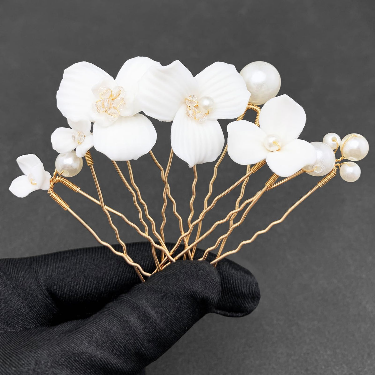 PrettyLife front view of seven white ceramic flower hair pins benefits elegant bridal look
