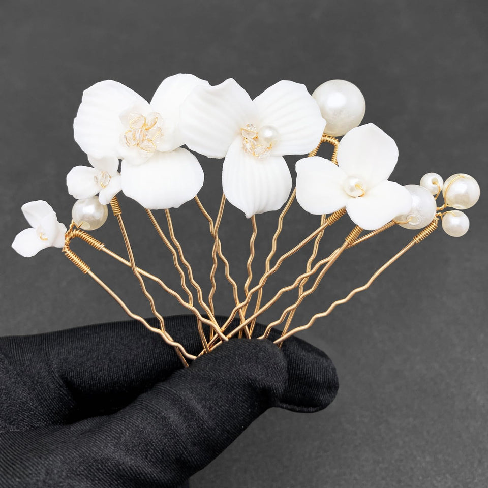PrettyLife front view of seven white ceramic flower hair pins benefits elegant bridal look