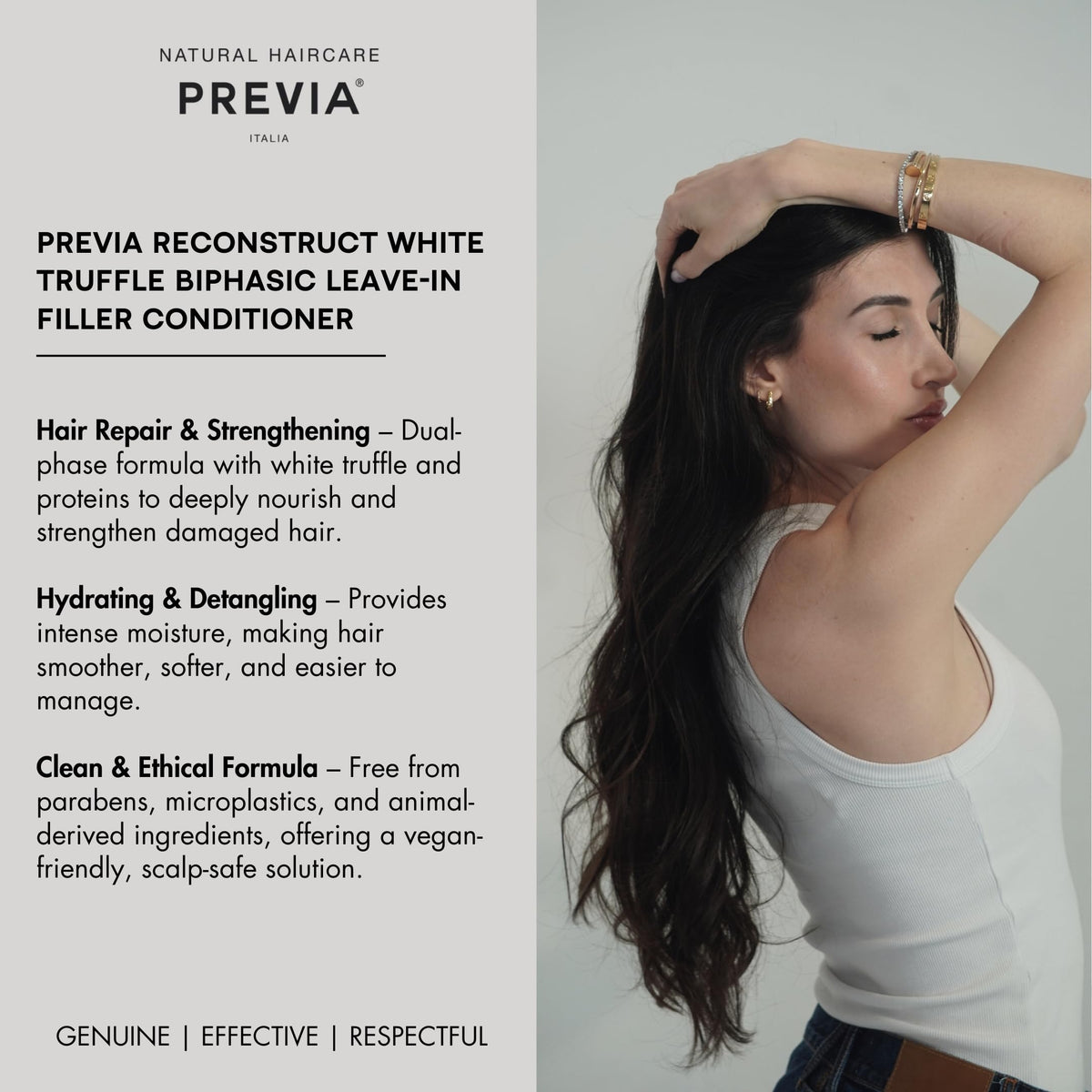 PREVIA applied to damp hair mid-lengths, reduces tangles and frizz