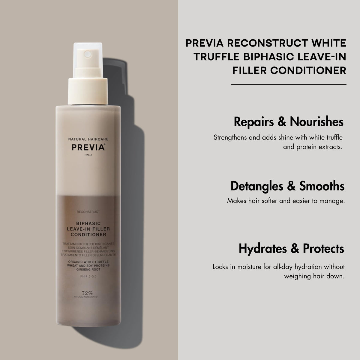 PREVIA biphasic spray shaken in hand, demonstrates activation for even mix