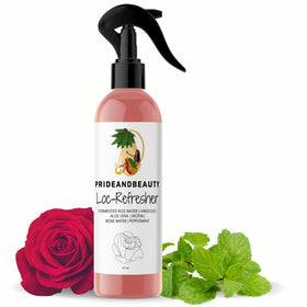 PRIDE AND BEAUTY front bottle showing rose peppermint loc spray benefits