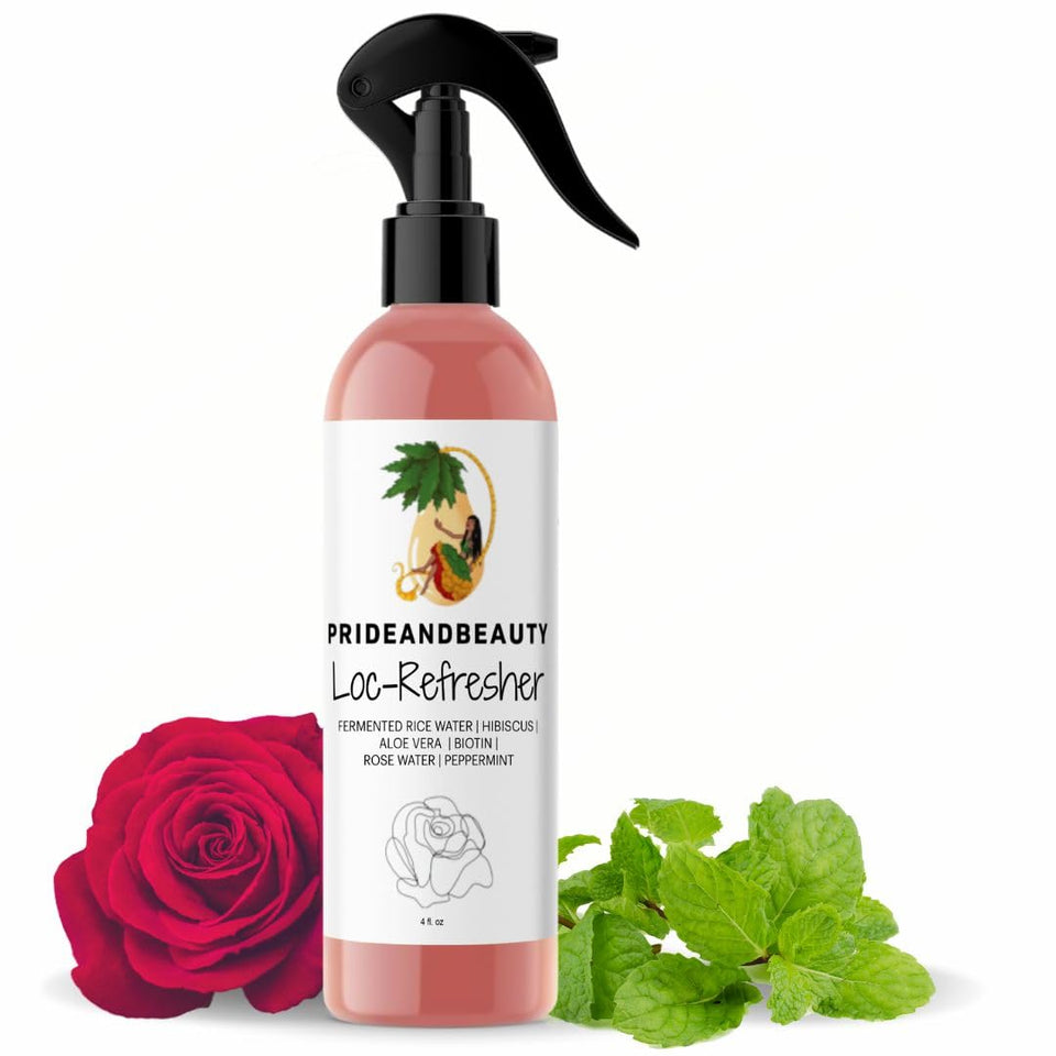 PRIDE AND BEAUTY front bottle showing rose peppermint loc spray benefits