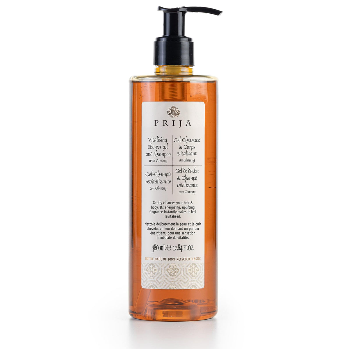 Prija front packaging showing bottle design and recycled-bottle benefit