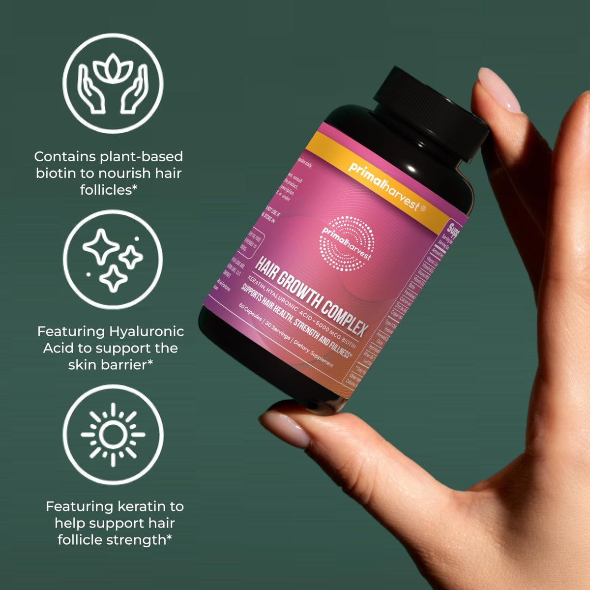 Primal Harvest capsules in hand illustrating daily serving and portability