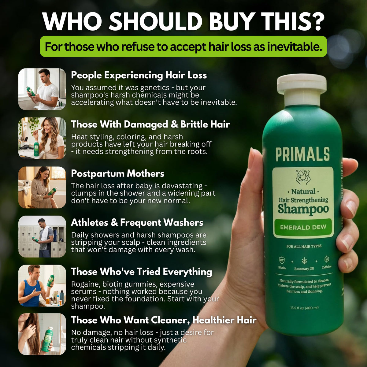 PRIMALS bottle in hands with wet hair showing application benefit