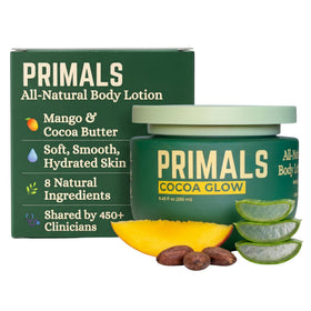 PRIMALS front packaging showing cocoa and mango butter benefits