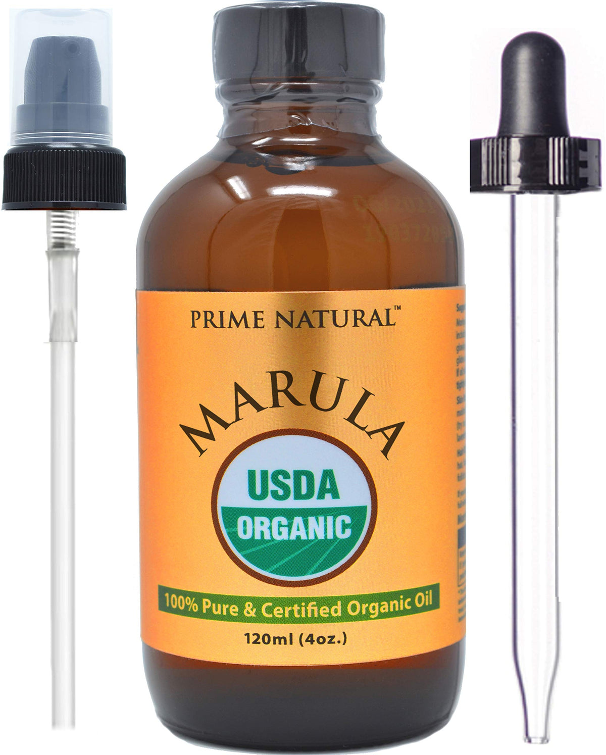 PRIME NATURAL front bottle showing label and amber glass, highlights purity and protection