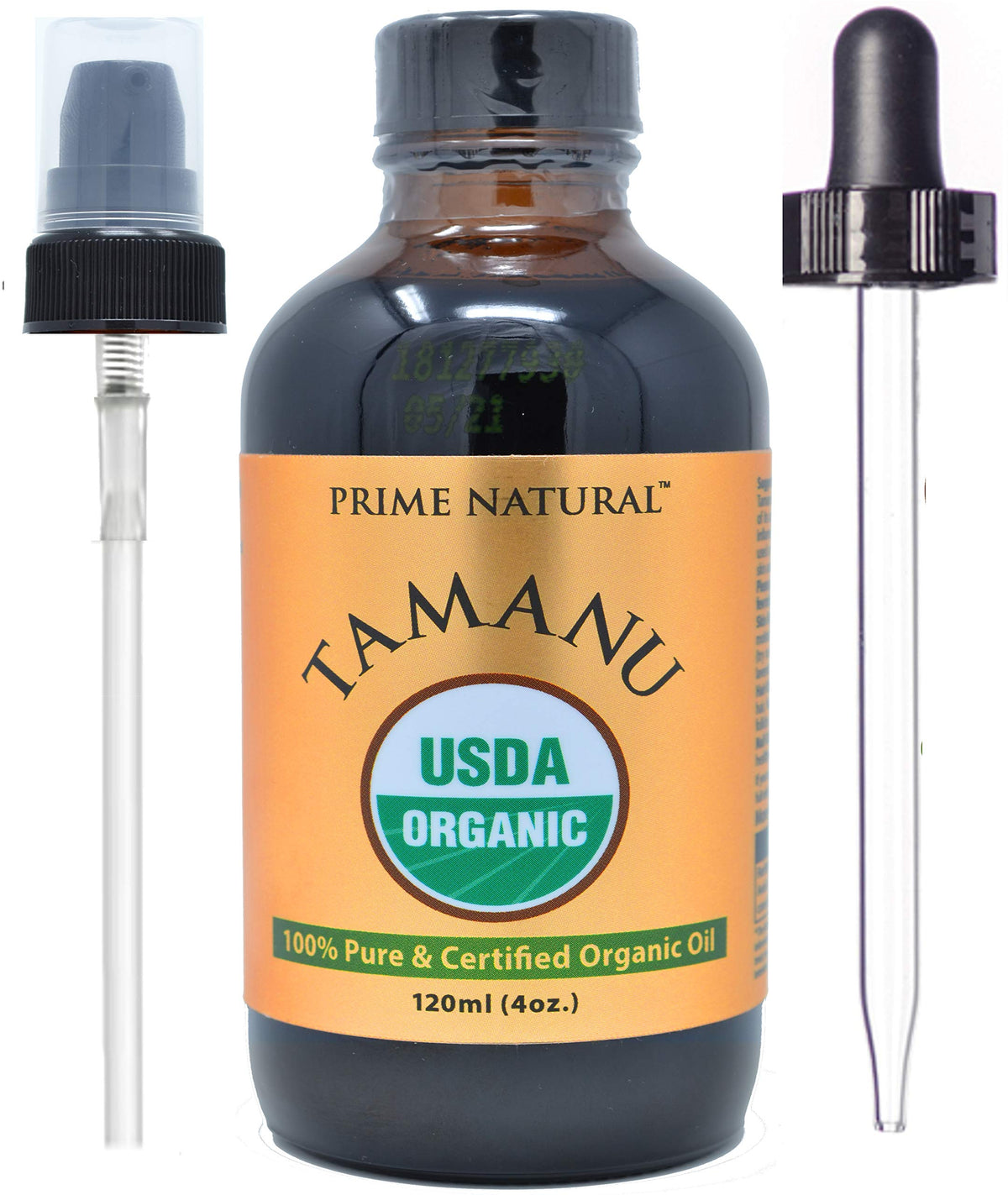 PRIME NATURAL front bottle showing organic tamanu oil and pump for controlled dosing