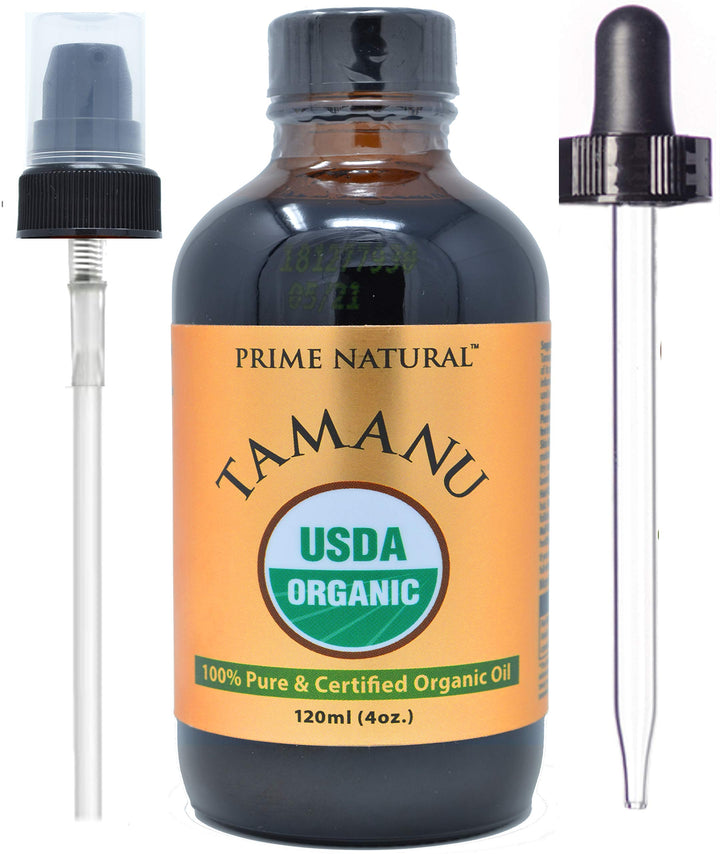 PRIME NATURAL front bottle showing organic tamanu oil and pump for controlled dosing