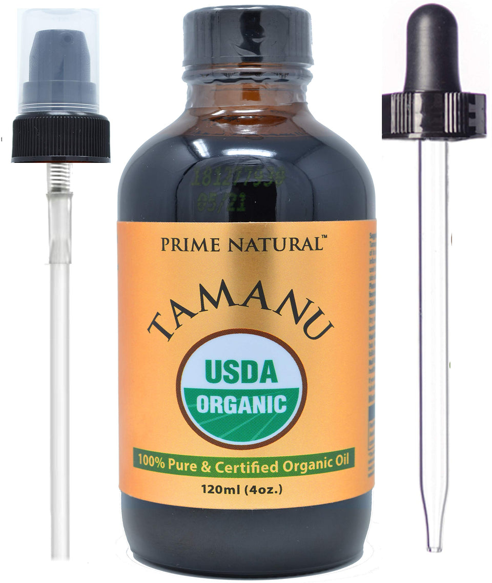 PRIME NATURAL front bottle showing organic tamanu oil and pump for controlled dosing