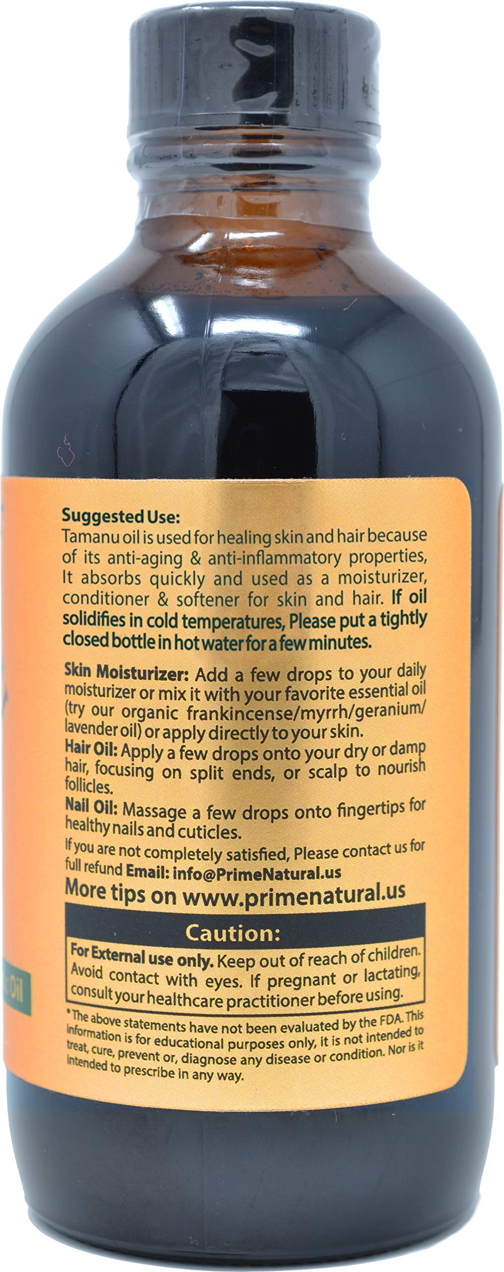 PRIME NATURAL label close-up highlighting USDA organic cold-pressed tamanu oil benefits