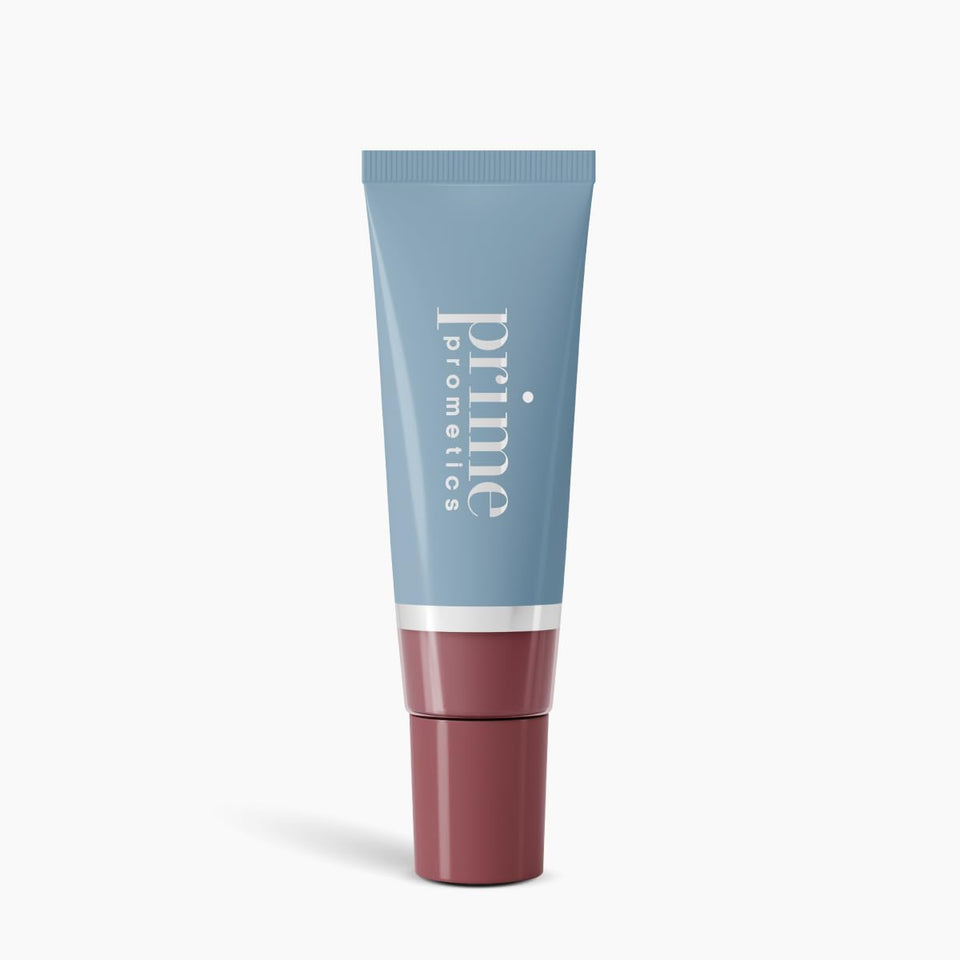 PRIME PROMETICS front packaging of PrimeLip SPF 35 showing shade and glossy finish benefit