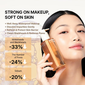 Primera being massaged onto dry face to dissolve makeup, effective cleansing shown