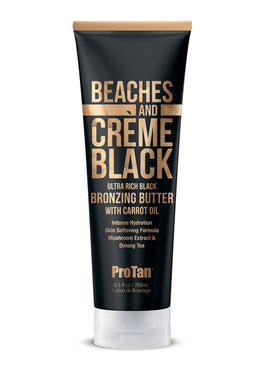 Pro Tan front packaging of Beaches & Crème Black Butter showing product benefits