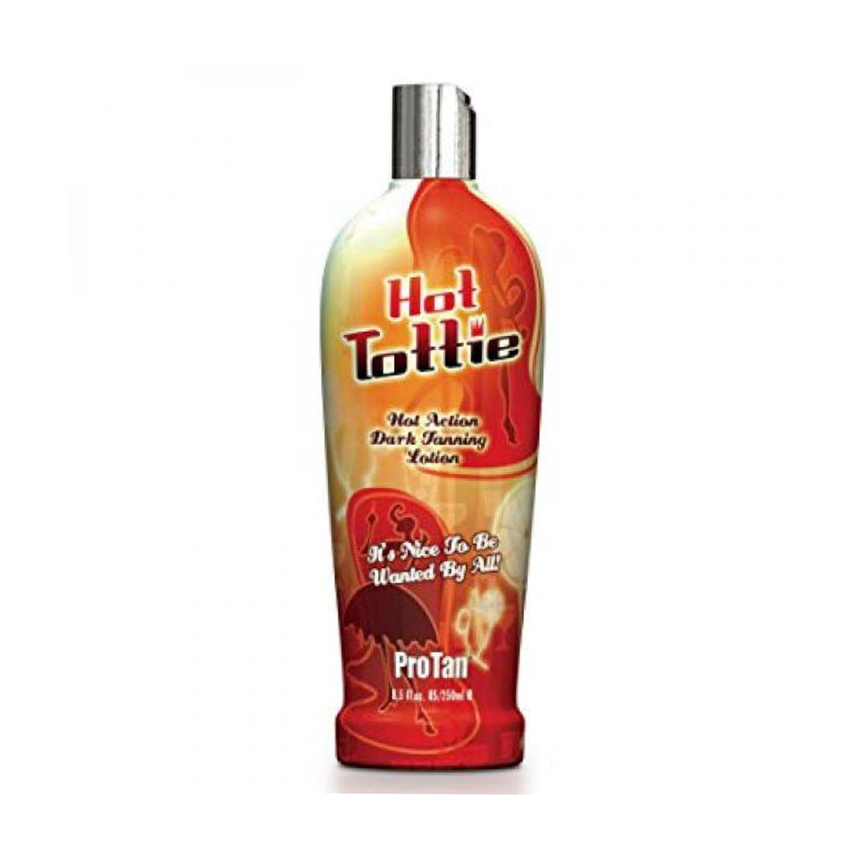 Pro Tan Hot Tottie front bottle view showing 8.5 oz and warming accelerator benefits