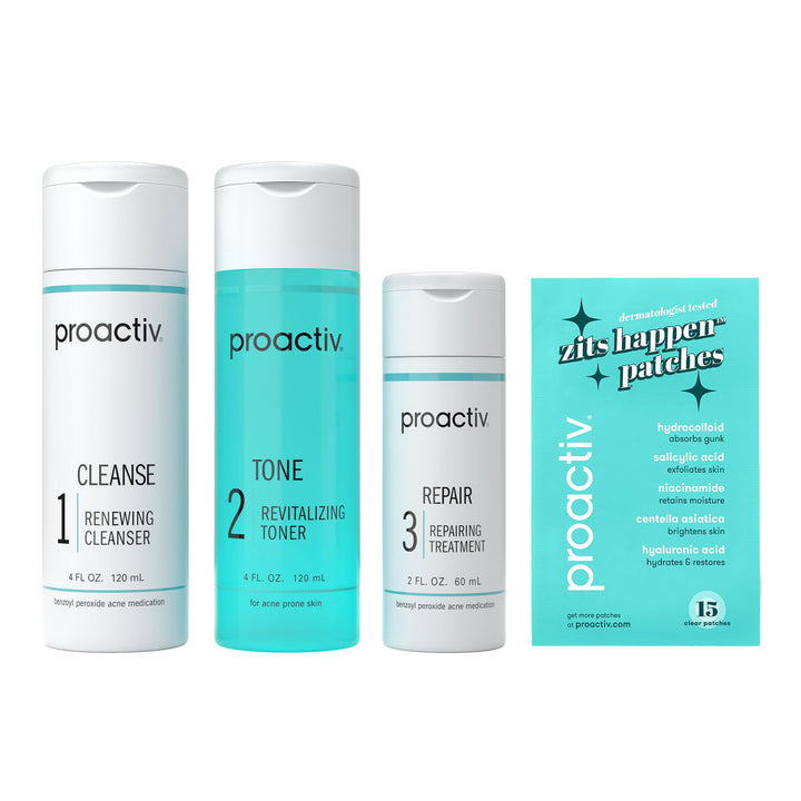 Proactiv front packaging showing complete 3-step kit and benefits