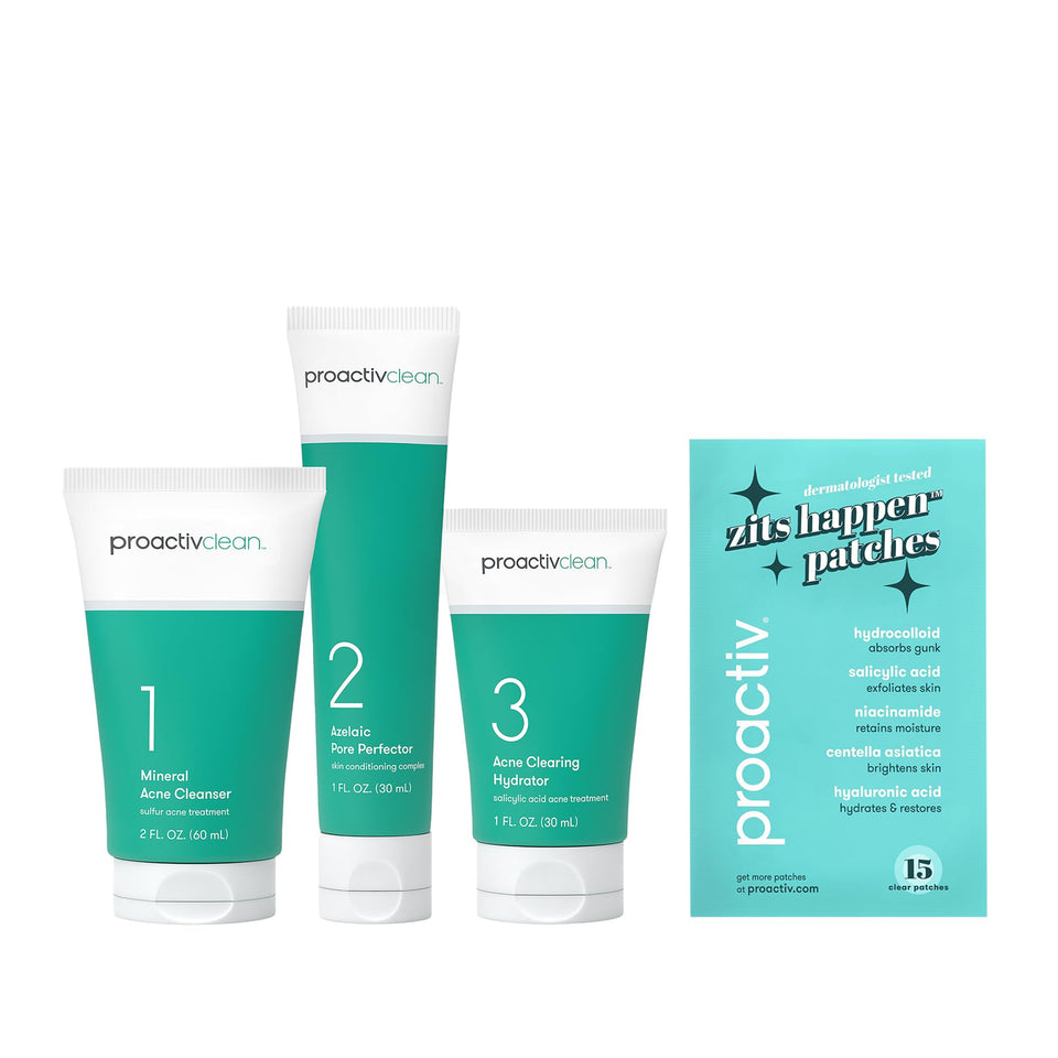 Proactiv front packaging showing full 3-step kit and pouch for gentle acne care