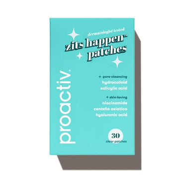 Proactiv front packaging showing Zits Happen patches and count