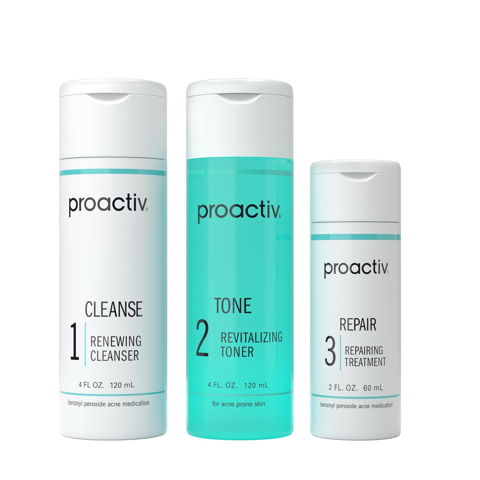 Proactiv front packaging showing full 3-step kit and clear benefits