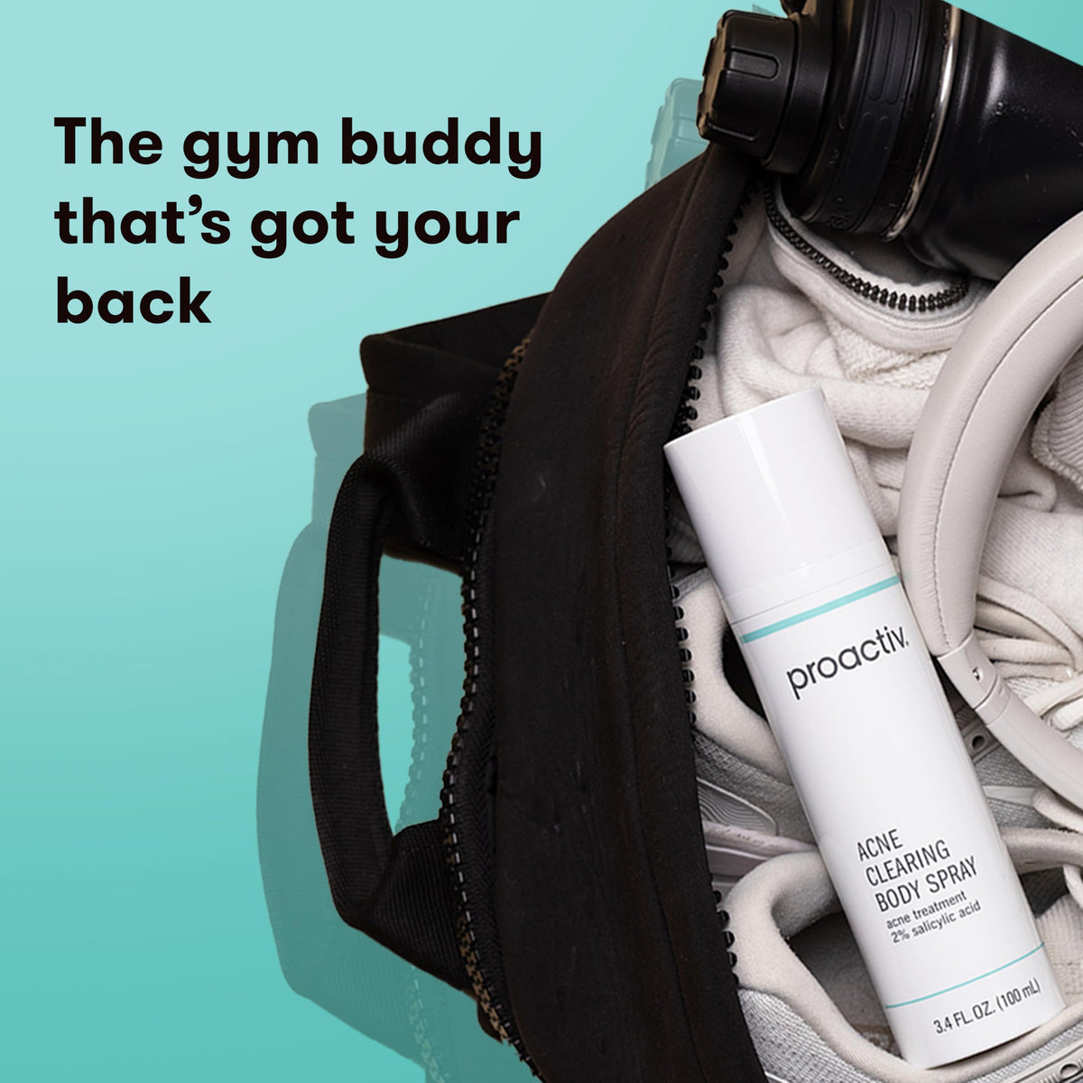 Proactiv bottle next to gym essentials showing compact, travel-friendly benefit