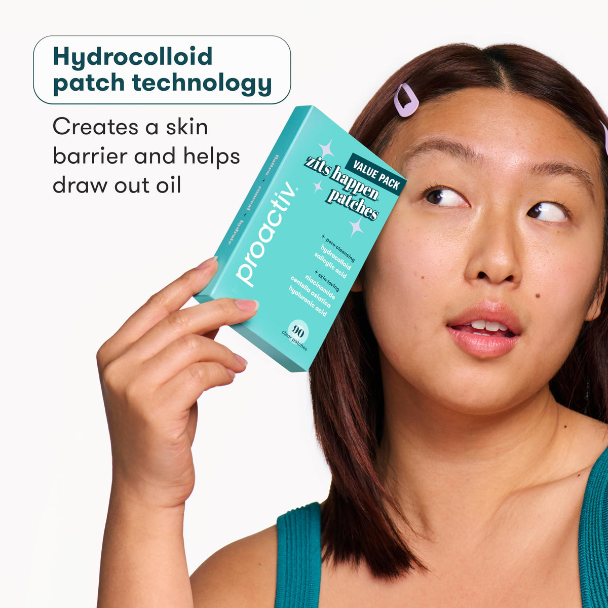 Proactiv patch applied to cheek protecting blemish and reducing picking