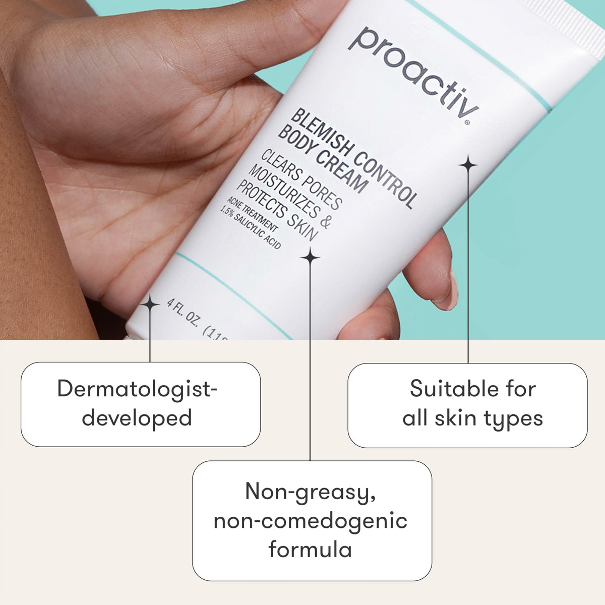 Proactiv cream next to hand showing 4 fl oz scale for travel convenience