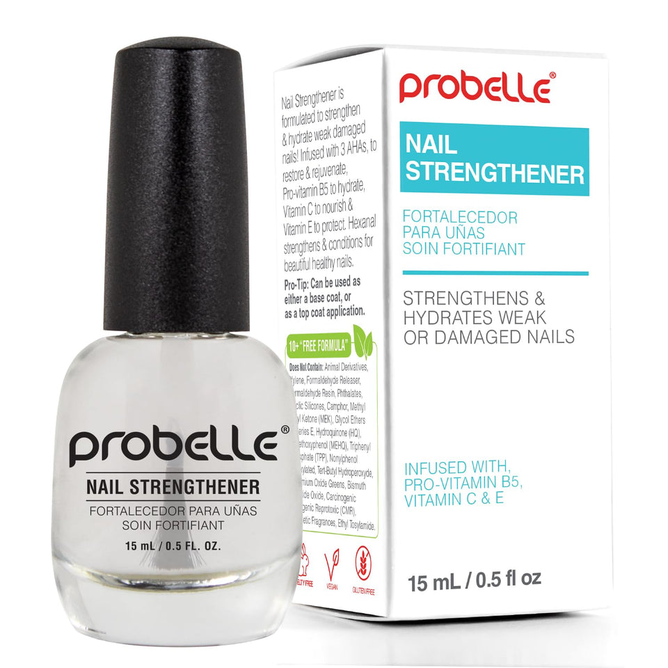 Probelle front bottle showing clear nail strengthener and glossy benefit