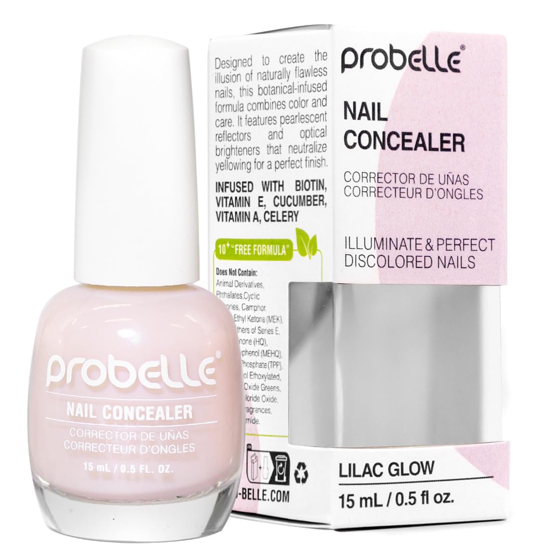 Probelle bottle front view shows lilac glow polish and brightening benefit
