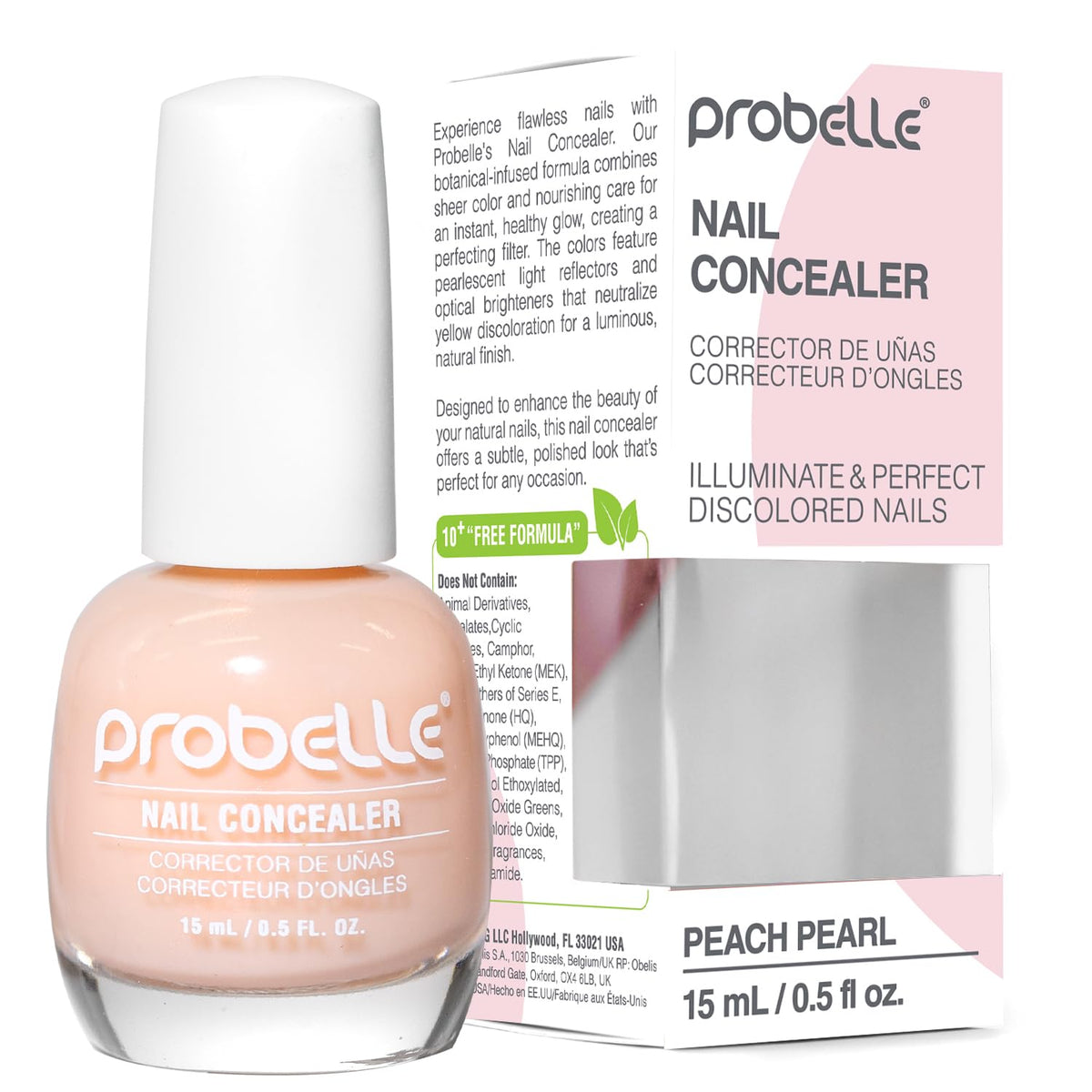 Probelle bottle front showing peach pearl shade and brightening finish