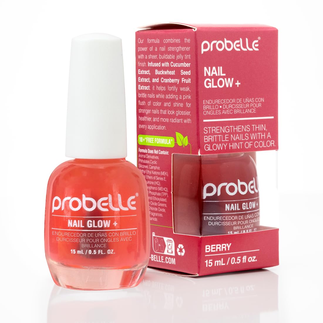 Probelle bottle front view showing berry tint and glossy finish benefit