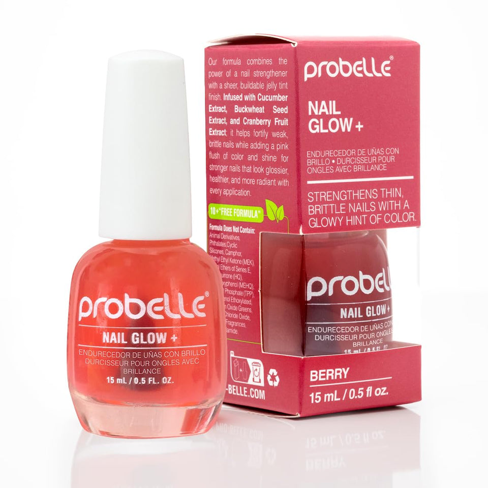 Probelle bottle front view showing berry tint and glossy finish benefit