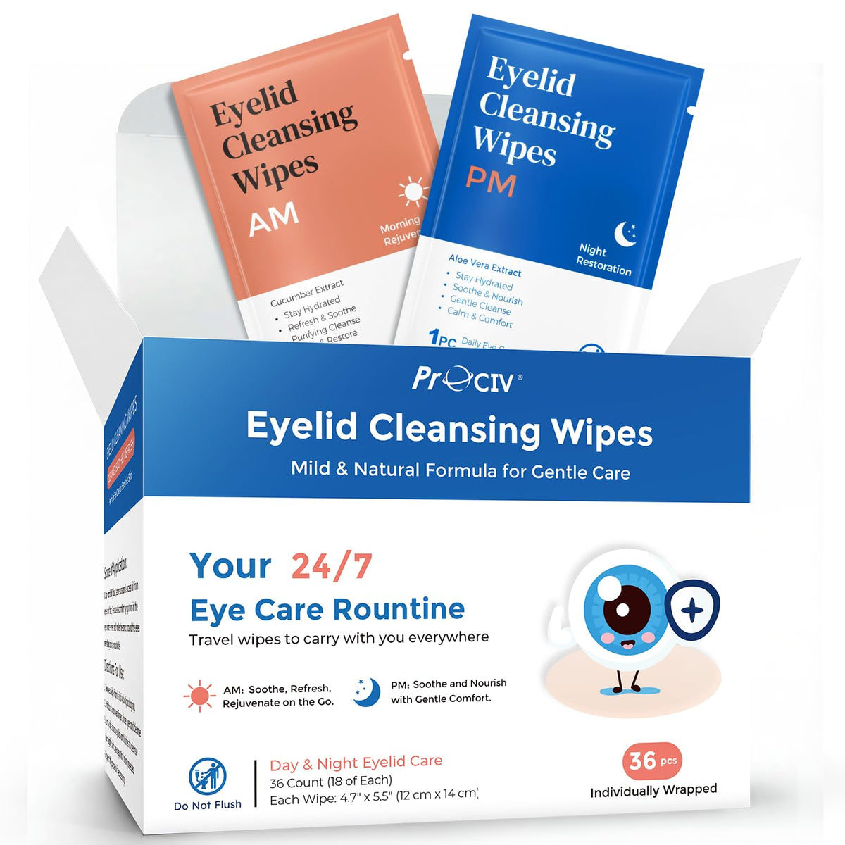 ProCIV front packaging showing day and night wipes and benefits