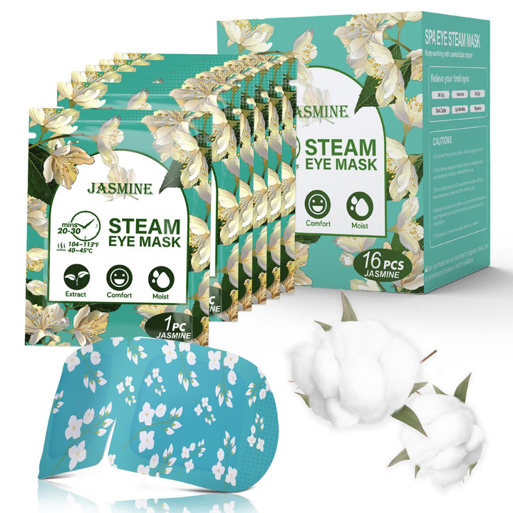 ProCIV front packaging showing 16 jasmine steam eye masks and benefits