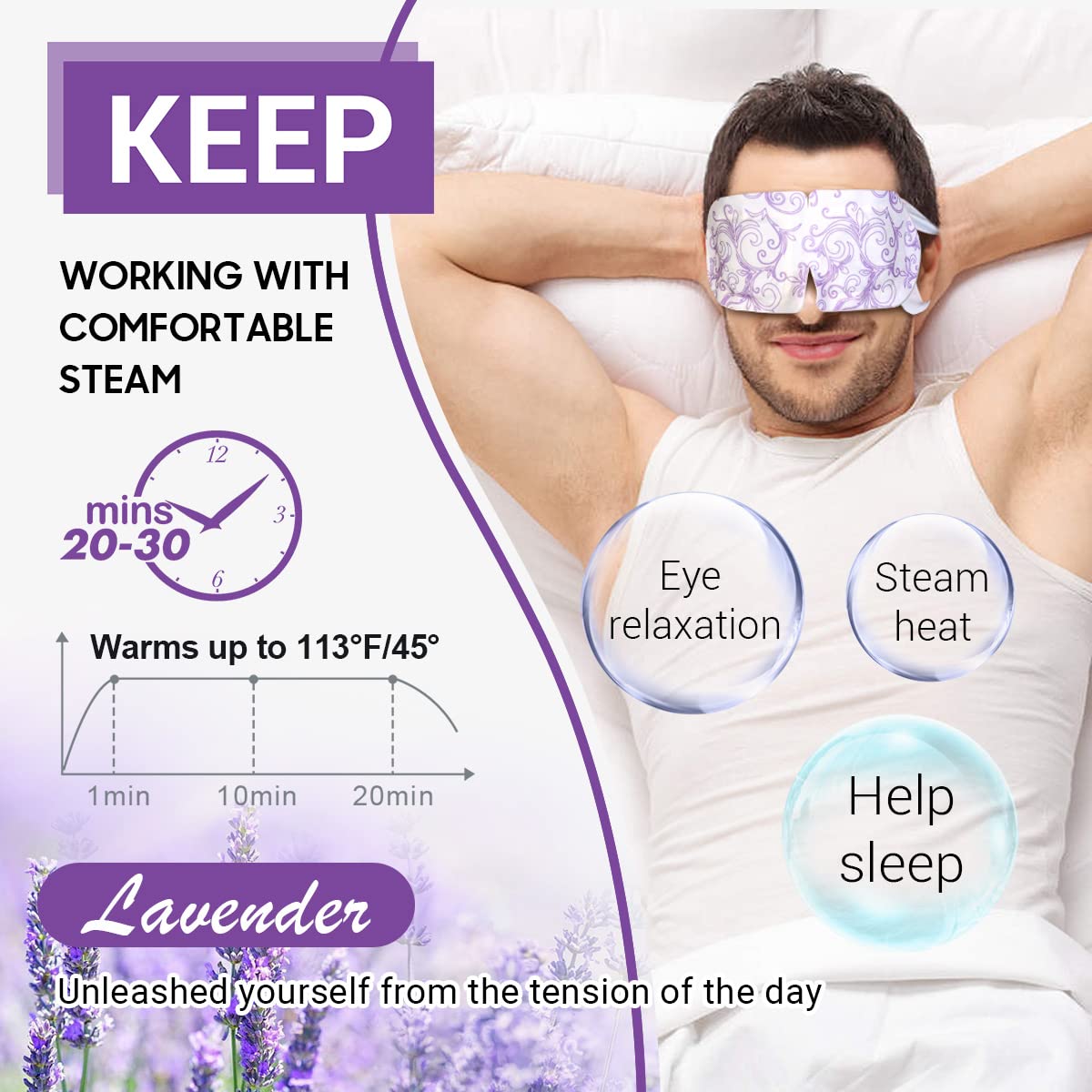 ProCIV mask on model resting to show in-use relaxation and portable warm compress benefit