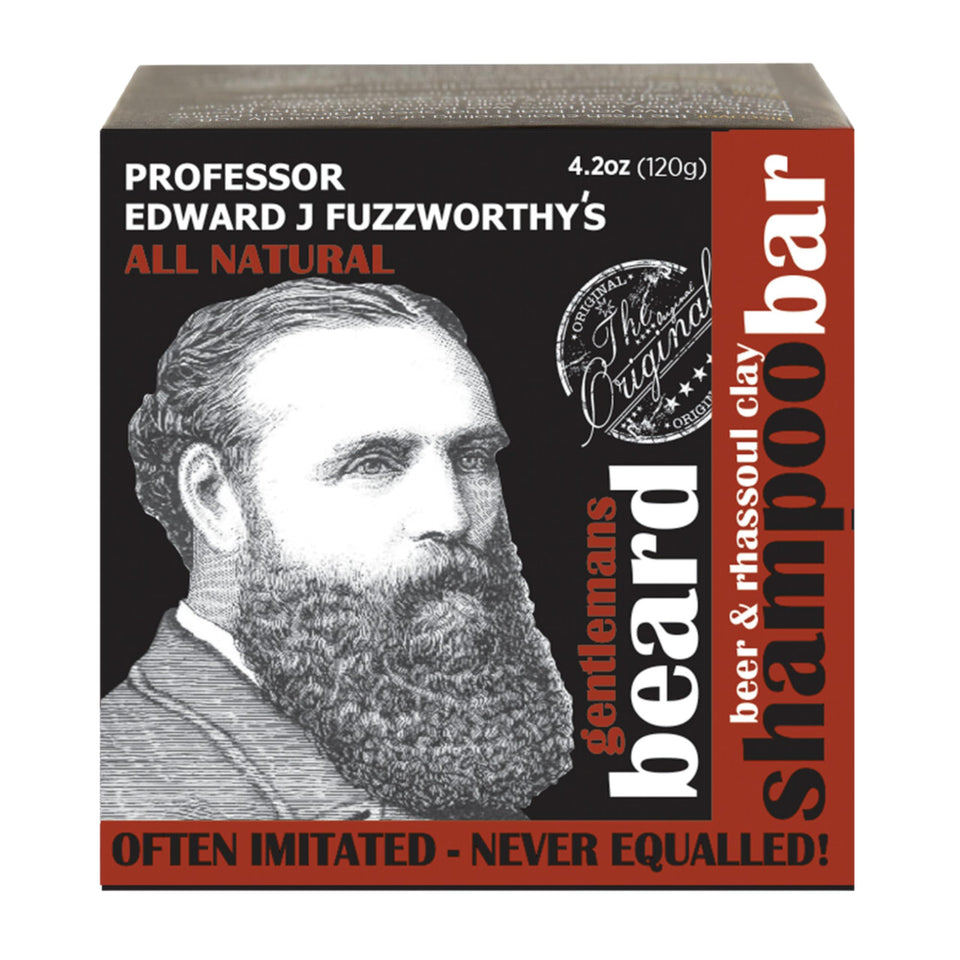 Professor Fuzzworthy’s beard shampoo bar front packaging showing natural labels and size benefit