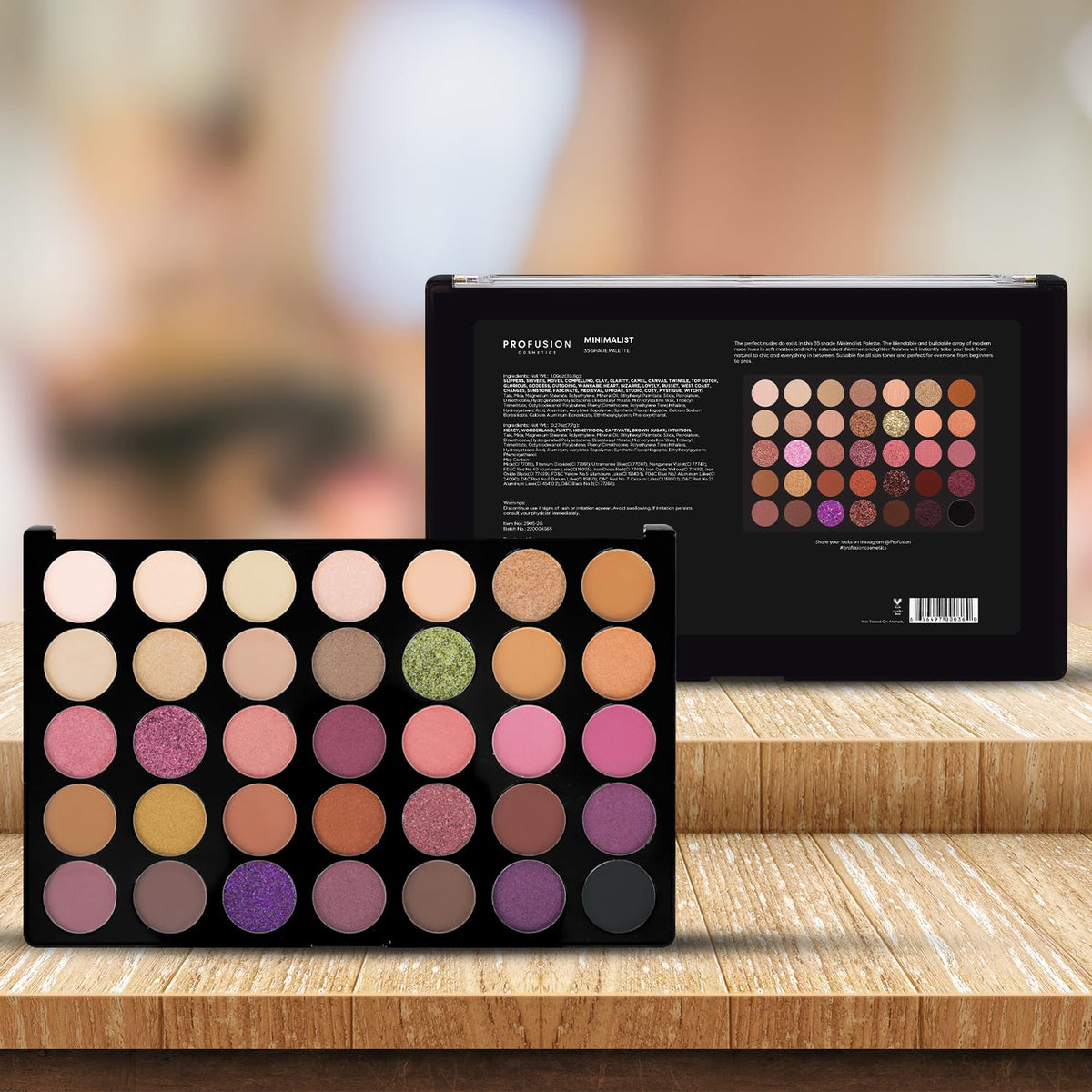 Profusion Cosmetics label close-up showing shade range and vegan claim