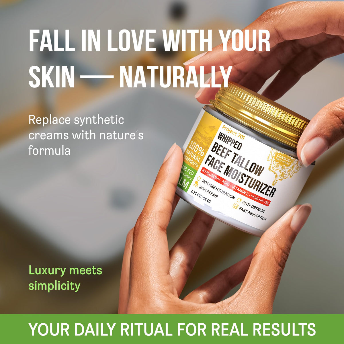 PROJECT 701 applying cream to hands and neck demonstrating multiuse-nourishing benefit