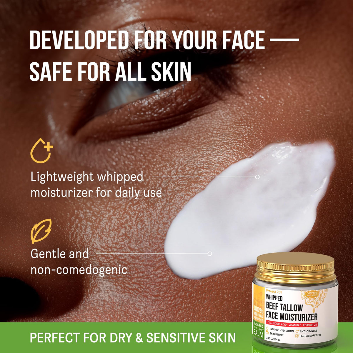 PROJECT 701 open jar texture close-up highlighting smooth absorption benefit