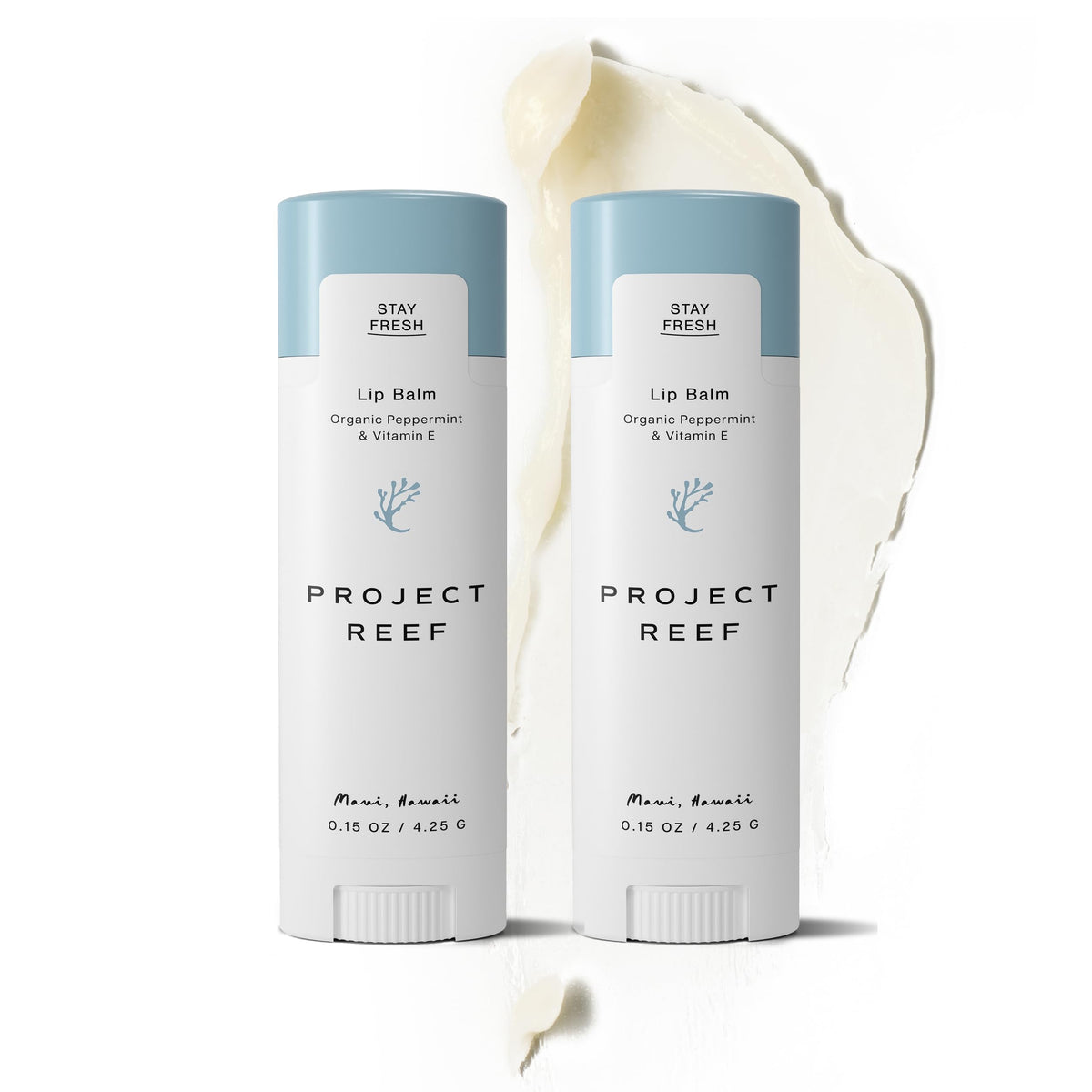 Project Reef front packaging shows two mint lip balms and benefits