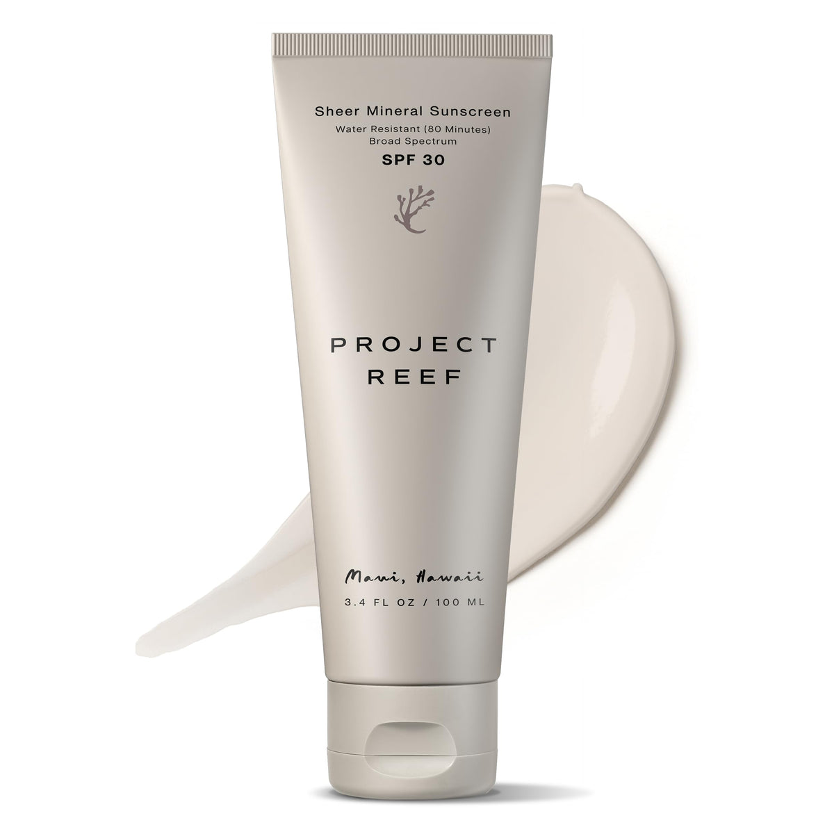 Project Reef front tube showing SPF 30 and Hawaii-compliant label, clear protection